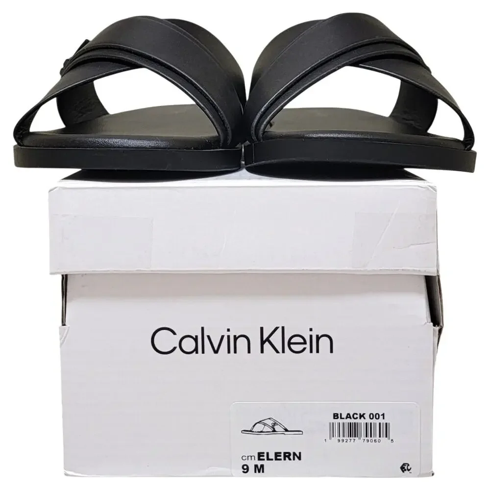 Calvin Klein Men Elern Cross Strap Slide Sandals Size US 9M Black Faux Leather